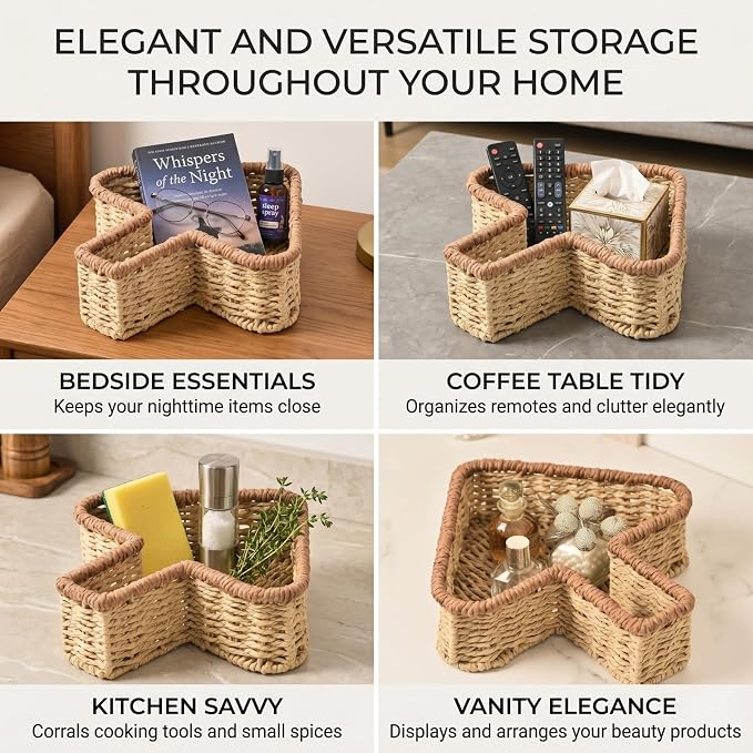 12.4 Inch Wicker Storage Basket - Trapezoid Woven Organizing Caddy for Shelves, Decorative Rattan Bin for Vanity, Kitchen, Bedside Table Essentials