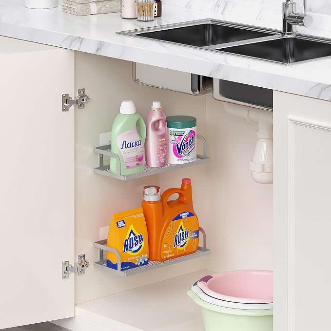 PUSDON 2-Pack Wide Hollowout Shower Caddy & Spice Rack, Wall Mount Bathroom Organizer with Mesh Bottom, Easy Access Cabinet Door Shelf Holds 50LBS - Silver Gray, Hollowout