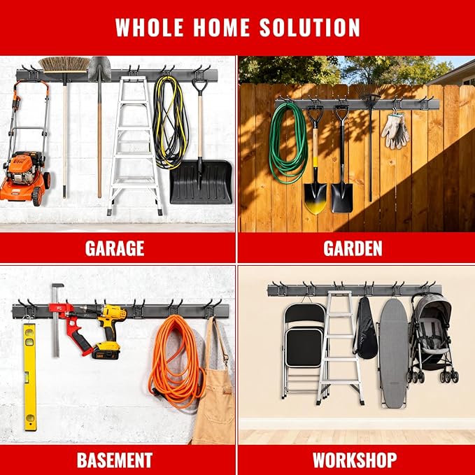 Garage Tool Organizer Wall Mount, Easy to 48inch Install Heavy-Duty Garage Storage System with 6 Adjustable Universal Hooks, Garden Tool Rack for Shovels, Rakes, Yard Tools