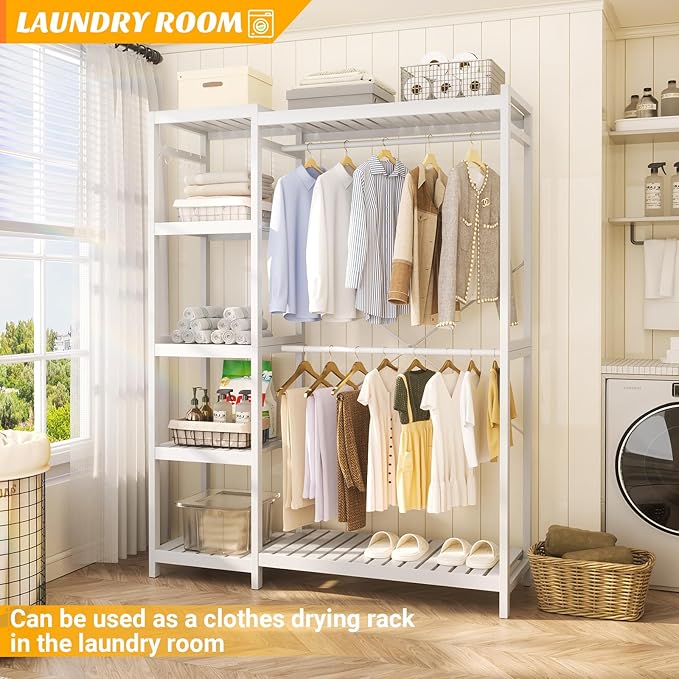 Bamboo Clothes Rack Garment Rack for Hanging Clothes, Heavy Duty Clothing Rack with 7 Tiers Adjustable Shelves, Double Rods, 4 Hooks, Freestanding Closet System Organizer Wardrobe, White