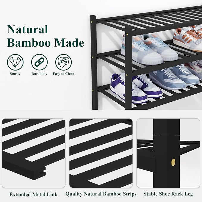 Smiry Bamboo Shoe Rack, 14 Vertical Slats, 2 Tier - 26.8" Wide, Black | Stackable Free Standing Wooden Shoe Organizer, Wood Shoe Storage Shelf for Closet, Entryway, Thicher Leg