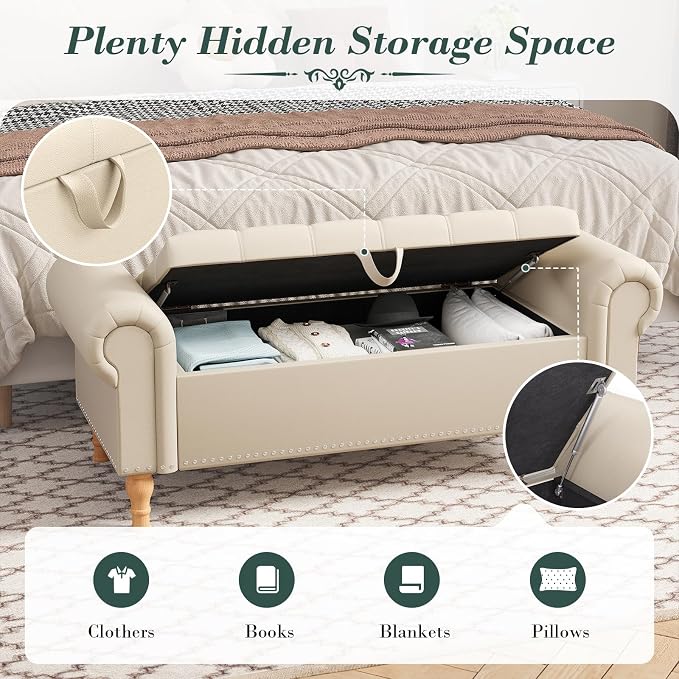 Apicizon 51” Bench with Storage, Faux Leather Ottoman Bench with Rolled Arm & Vintage Rivets, End of Bed Bench for Bedroom, Living Room, Entryway, Beige+Natural Legs