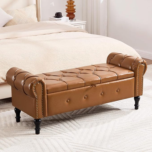 Storage Bench 51" Faux Leather End of Bed Benches Brown | Queen Size Storage Bench for Bedroom with Rolled Arms Tufted Ottoman Benches Upholstered Bench for Living Room Entryway