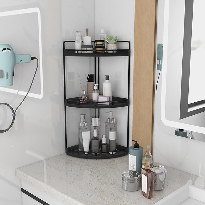 Dorhors Corner Bathroom Organizer Countertop,Vanity Counter Storage Shelf | 3 Tier Black Stand Rack Holder for Kitchen,Dresser,Restroom,Wood Bathroom Sink Tray for Makeup,Perfume,Skincare,Lotion