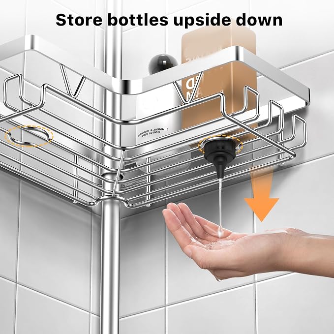 KEGII SUS304 Corner Shower Organizer, Tension Pole Bathtub Caddy, Silver | Stainless Steel Construction with Adjustable Height, Rust Resistant Finish for Shower Corners, Bathtubs and Family Bathrooms