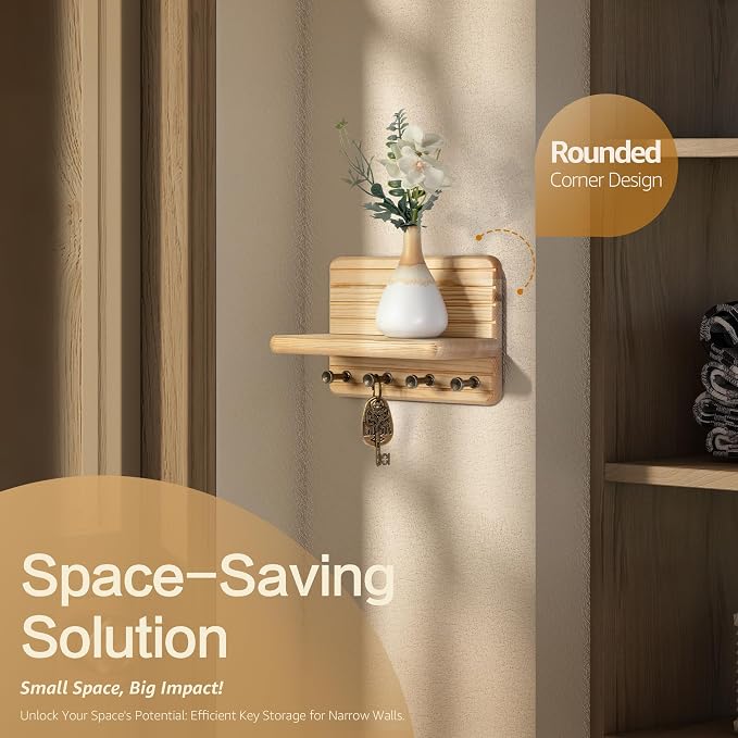 Rebee Vision Key Holder Wall Mount with 4 Hooks for Entryway, Natural Wood | 7-Inch, Pine Wood, Key Holder for Wall, Floating Shelf, Mail Organizer, Plant Display, Small-Space Organizer, Tidy Home Decor