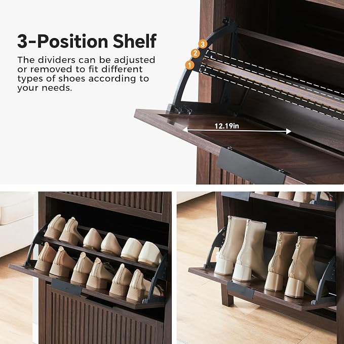 2-Flip Drawer Shoe Cabinet Narrow Entryway Rack, Brown | Vertical Wood Grain, Metal Handles, Adjustable Compartments, Removable Shelf, Anti-Tip Device, for Hallway Foyer Entryway