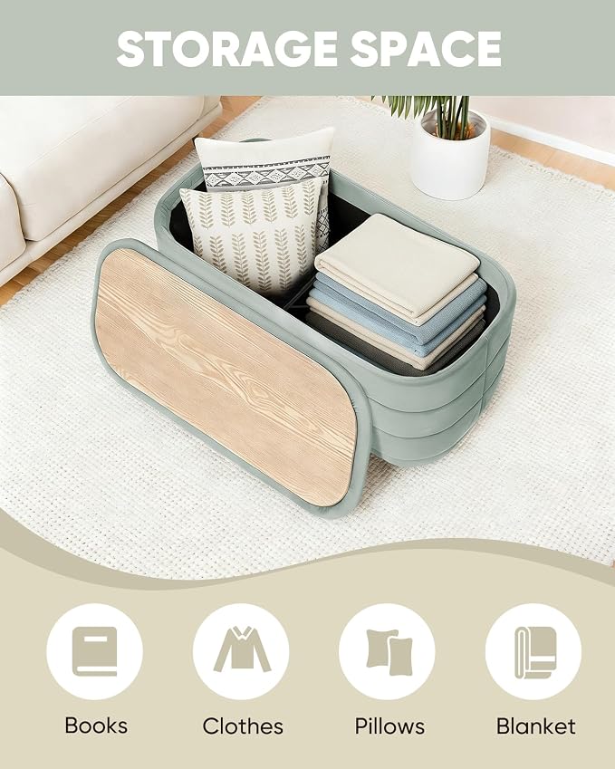 B FSOBEIIALEO Velvet Storage Ottoman with Tray, Folding Ottoman with Storage Coffee Table Shoes Bench for Dorm Room, Living Room Sage, 30"x15"x15"