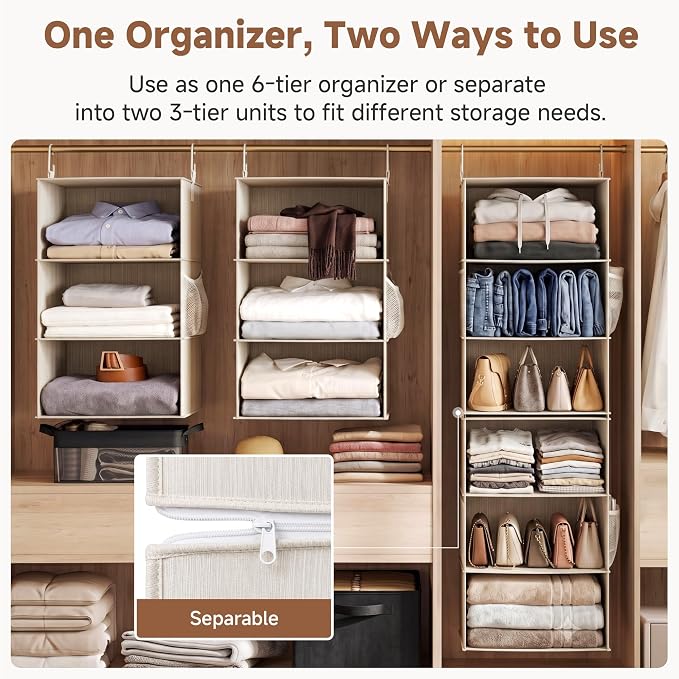 StorageWorks 6-Shelf Jumbo Closet Organizers, Two 3-Shelf Separable Hanging Shelves for Closet, 13 "D x 15" W x 47 ¼" H,Mixing of Beige, White & Ivory