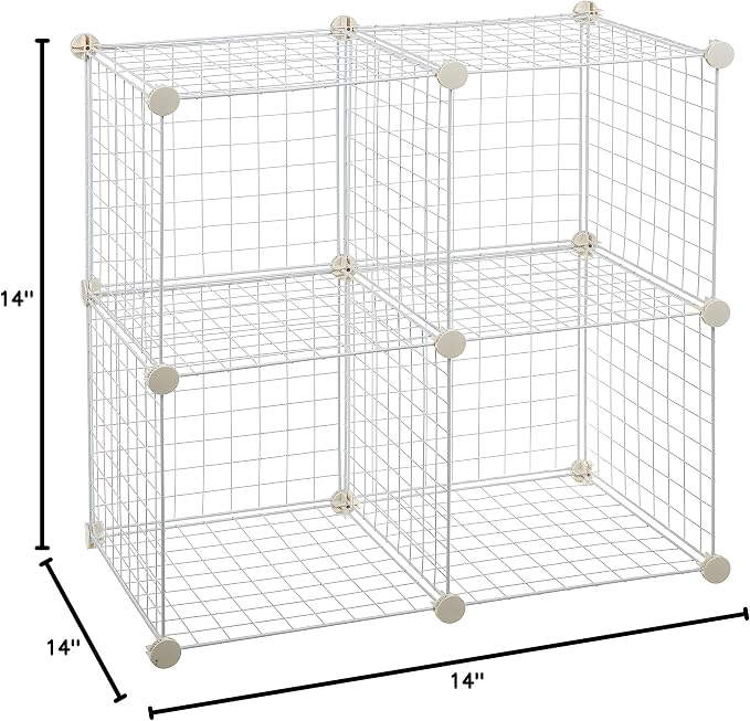 Amazon Basics 4 Cube Wire Grid Storage Organizer, Closet Organizer and Shelves, Stackable, Space-Saving, Easy to Assemble, 14"x14"x14", White