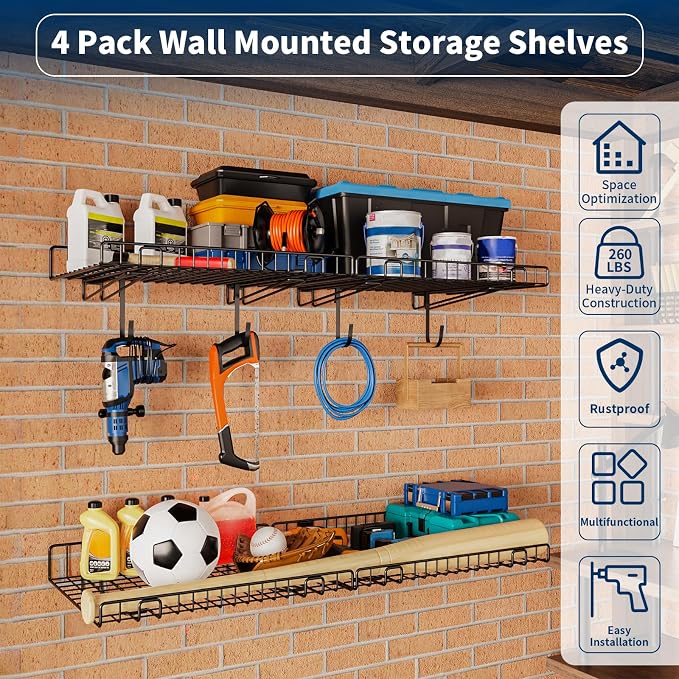 4 Pack Garage Wall Shelf, Wall Mounted Storage Shelves, Heavy Duty Metal Shelves for Room Wall, Loads 160 LBS Floating Shelves Mesh Storage Rack for Garage, Office, Basement,Wall Cabinet and Kitchen