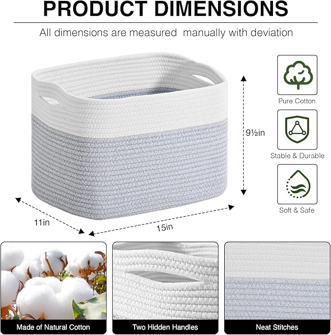 ICERZCZ Woven Cotton Rope Storage Basket for Organizing, Cute Decorative Baskets for Gifts Empty, Organizer Bins for Dog Toy, Baby Laundry, 15“×11”×9.5“, Off White & Blue