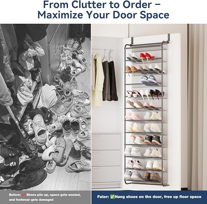 Whitmor 36 Pair Over the Door Shoe Organizer, 12 Tier Hanging Shoe Organizer, Heavy Duty Metal & Mesh Shoe Holder, Hanging Shoe Rack for Closet Storage, 74"H x 21.7"W x 7.5"D, Gunmetal Gray