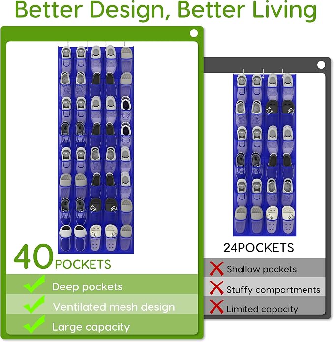Over the Door Shoe Organizer with 40 Large Breathable Mesh Pockets, Space Saving Shoe Holder, Hanging Shoe Rack for Entryway Bedroom Closet Storage (Navy Blue, 40 Pockets)