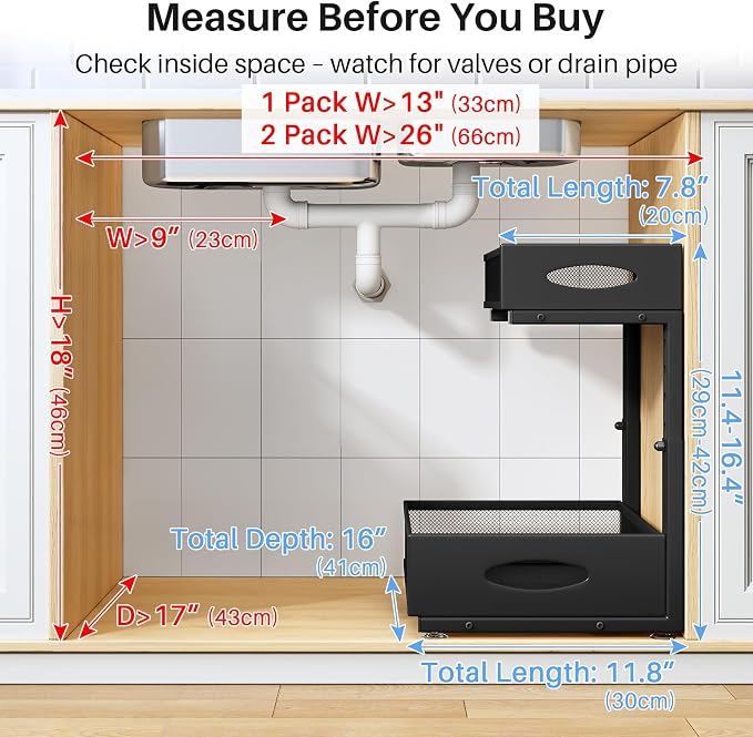Under Sink Organizer, 2 Pack 2 Tier Pull Out Under Cabinet Organizer Shelf with Pad for Framed Cabinets, Metal Slide Out Under Sink Storage, Mesh Sliding Drawers for Kitchen Bathroom Laundry, Black