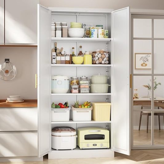 BESFUR Kitchen Pantry Cabinet,71” Metal Tall Pantry Storage Cabinet with Doors and 4 Adjustable Shelves,Kitchen Storage Cabinets White Freestanding Food Cabinet for Pantries, Kitchen