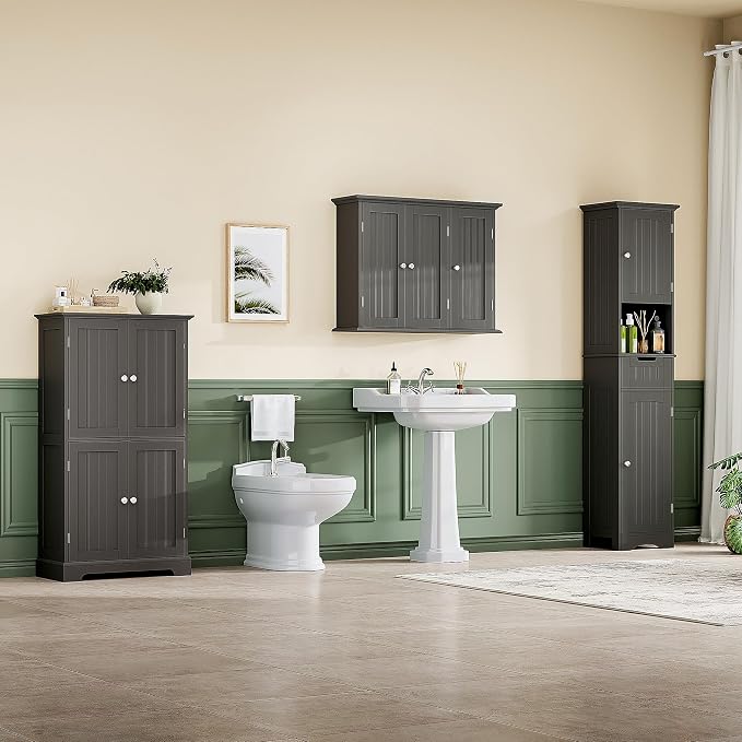 ChooChoo Laundry Cabinet with 3 Doors and Adjustable Shelves | 9.06"D x 31.1"W x 24"H, Bathroom Wall Cabinet, Cupboard, Black