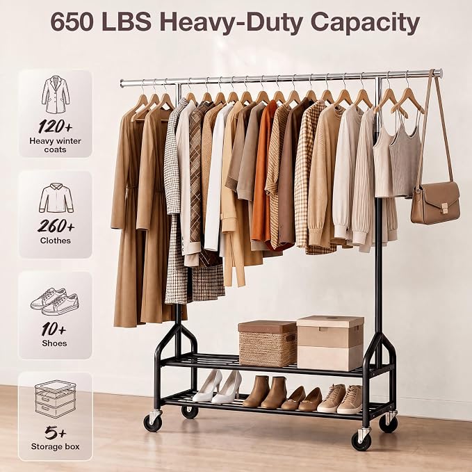Heavy Duty Clothes Rack, Rolling Clothing Rack Load 650 LBS for Hanging Clothes with 2 Sturdy Shelves, Metal Garment Rack with Wheels for Bedroom, Retail Store, Silver-Black, Large