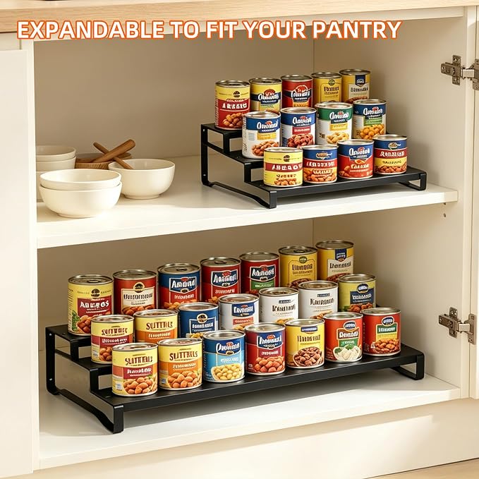 Expandable Can Organizer for Pantry,3-Tier Adjustable Metal Can Rack 2 Pack | Tiered Countertop Shelf, Adjustable height Pantry Organizer for Kitchen Cabinet, Countertop & Canned Goods Storage