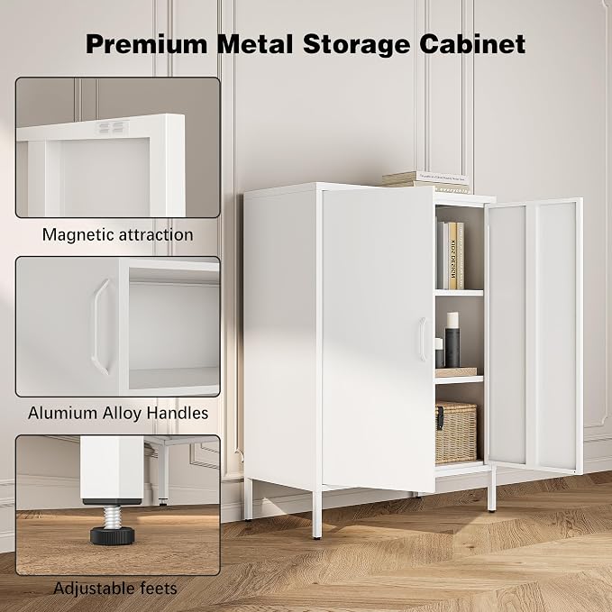 Bevivog Metal Locker Cabinet with 2 Doors, White Metal Accent Cabinets for Home Office, 40" Counter Height Storage Lockers Sideboard for Home Office Kitchen Living Room Hallway Entryway