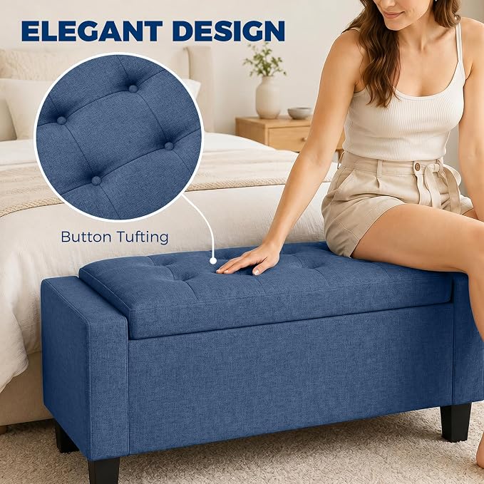 HOMCOM 36.6" Tufted Fabric Rectangular Storage Ottoman Bench Blue | With Armrests, Wooden Legs, Holds up to 528 lbs, for Entryway Living Room Bedroom