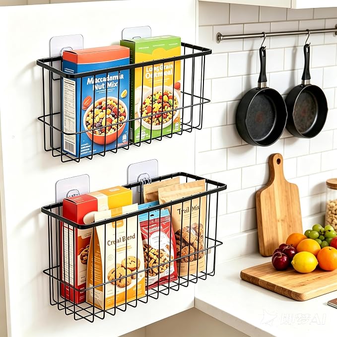 2 Pack Cabinet Door Organizer, Adhesive Wall Mounted Storage Basket for Food Container & Tumbler Lids, Kitchen Storage Organizer for Inside Cabinet Doors, Pantry, Bathroom, Refrigerator & RV