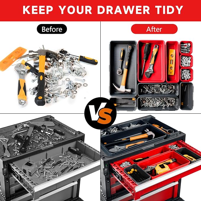 Tool Box Organizer Tray, 60 PCS & 5 Sizes, Black and Red | Heavy-Duty ABS Plastic, Interlocking Design Desk Drawer Organizer, Toolbox Organization Storage for Rolling Tool Chest