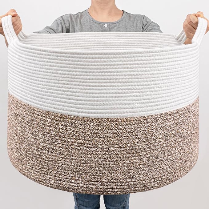 Goodpick Large Woven Blanket Basket Living Room & Playroom, 85L | 21.7 x 21.7 x 13.8 In Woven Basket for Storage, Kids Toy Storage for Playroom, Laundry Basket for Towels, Mele