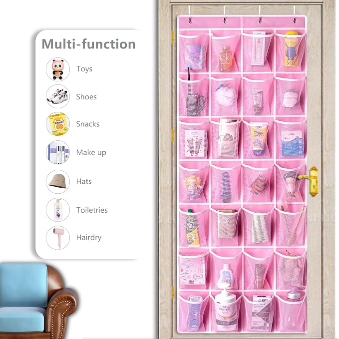 KEEPJOY 28 Pocket Over The Door Shoe Organizer, 2Pack Hanging Shoe Organizer for Door, Hanging Door Shoe Holder Rack with Mesh Pockets Large Size 65 x 23 inch (Pink-2Pack)