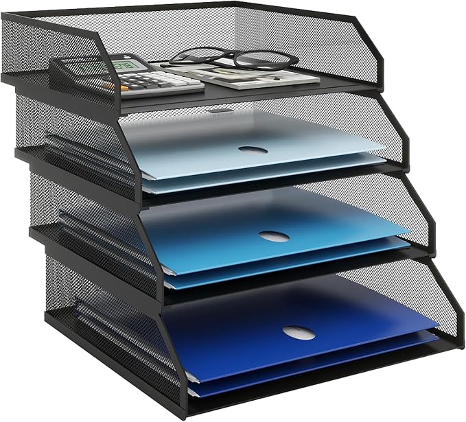 Natwind 4-Tier Stackable Metal Mesh Paper Organizer with Sliding Tray,Black | Desk Organizer for Office Supplies, Letter Tray For Desktop,File Holder For Home School Classroom Organization