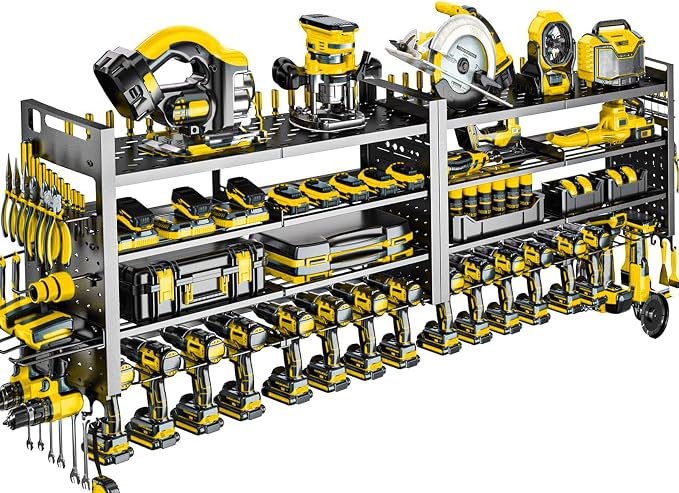 66" W Power Tool Organizer Wall Mount,4-Layer,18 Cordless Drills | Large Tool Storage Rack, Heavy Duty 600 lb Load Capacity for Garage Workshop, Black, Gift for Men