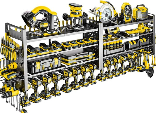66" W Power Tool Organizer Wall Mount,4-Layer,18 Cordless Drills | Large Tool Storage Rack, Heavy Duty 600 lb Load Capacity for Garage Workshop, Black, Gift for Men