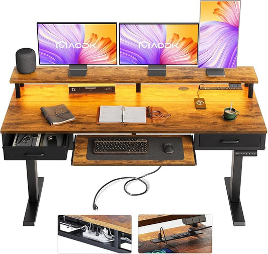 AODK 63 Inch Standing Desk with Drawers & Keyboard Tray, Rustic Brown | 3 Outlets & 2 USB Ports, 20-Mode LED Lights, Monitor Stand, Cable Management Tray, 3 Memory Heights, 29.9"-46.1" in Range