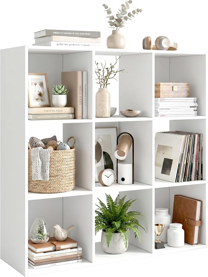 WannabeMyself【Sturdy Build&Easy Assembly】 9 Cube Storage Organizer with Anti-Tipping Kits,Reversible Open Back Book Shelf, Bookcase for Living Room,Bedroom,Entrance Hall,Office,35.8×11.4×35.9,White