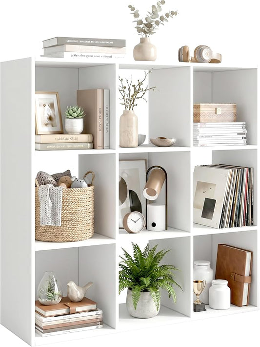 WannabeMyself【Sturdy Build&Easy Assembly】 9 Cube Storage Organizer with Anti-Tipping Kits,Reversible Open Back Book Shelf, Bookcase for Living Room,Bedroom,Entrance Hall,Office,35.8×11.4×35.9,White