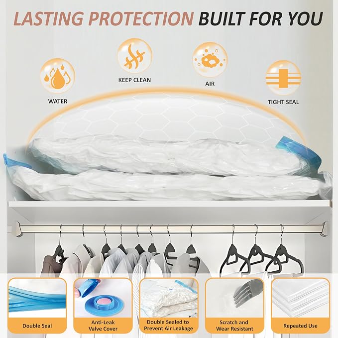 Cozy Essential Vacuum Storage Bags, 80% Compression Vacuum Seal Space Saver Plastic Packaging Bags for Clothes, Blankets, Pillow, Bedding, Comforters, Sealer Clothing Storage,8 XXL Jumbo