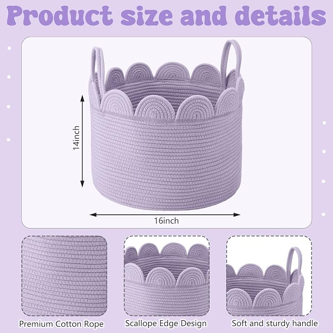 LemonRoad Lavendor Purple Round Basket Large Blanket Basket 16'' x 14" Scalloped Woven Baskets Cotton Storage Baskets for Nursery Classroom Closet Blankets Storage Home Decor