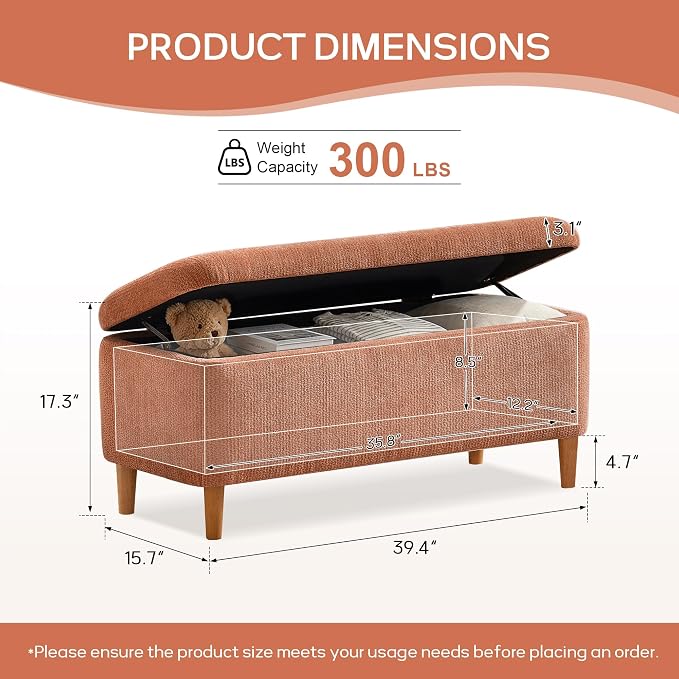 39.4”Ottoman with Storage Set of 2,Upholstered Comfy Storage Bench Ottoman with Wooden Legs,End of Bed Bench Footstool for Hallway Entryway Bedroom Living Room Corner Orange