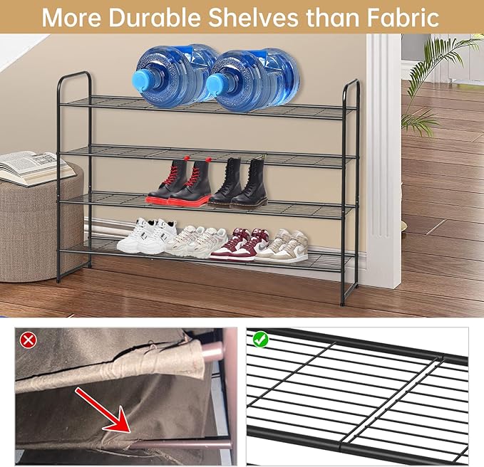 KEETDY 4-Tier Long Shoe Rack for Closet Metal Shoe Organizer for Entryway, Wide Stackable Shoe Storage Shelf with Sturdy Wire Grid for Closet Floor, Bedroom, Black
