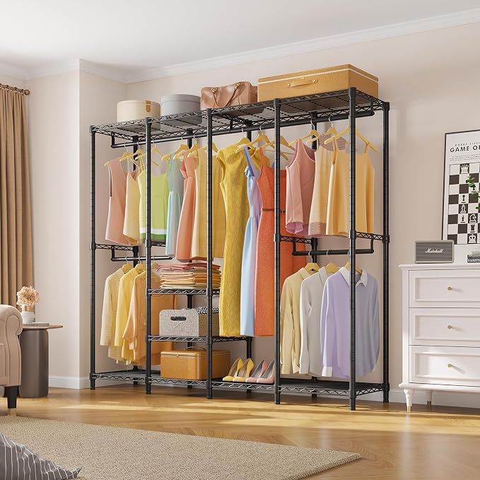 VIPEK V40 Heavy Duty Clothes Rack, Modular Closet System Clothing Rack | 76 inch Adjustable Open Clothing Storage System with 6 Shelves & 4 Hang Rods for Bedroom/Reach-in Closet, Black