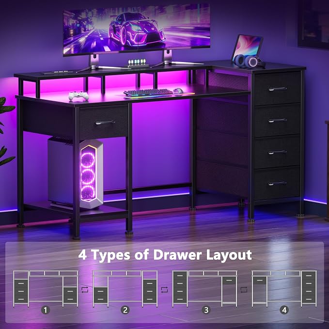Korfile 47 Inch Gaming Desk with Power Outlets and LED Lights, Reversible Computer Desk with 5 Fabric Storage Drawers, Home Office Desk with Monitor Stand for Working Writing Study, Black | Gaming desk with power outlets &LED lights,reversible design w...