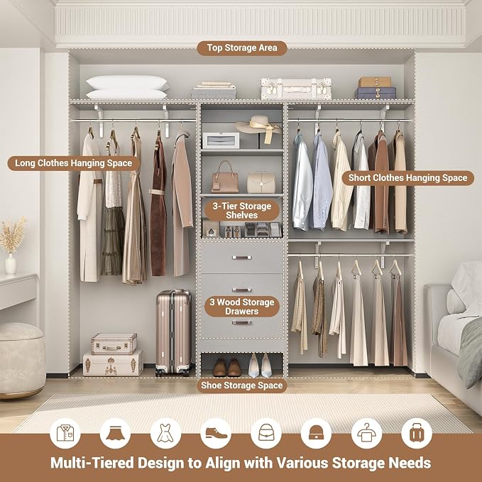 Besiost Closet System with Drawer - 8FT Wood Closet Organizer System with 3 Hanging Rods and Shelving Tower, 96" Walk In Closet Organizer Wardrobe, Heavy Duty Garment Rack Clothes Rack, Grey