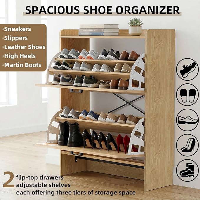 Shoe Storage Cabinet for Entryway, 2 Flip Drawers with 3-Tier Rack Each, 6-Layer Total Storage, Narrow Shoe Cabinet with Linen Panel, Slim Wood Shoe Organizer Closed Shoe Rack for Hallway,Small Spaces