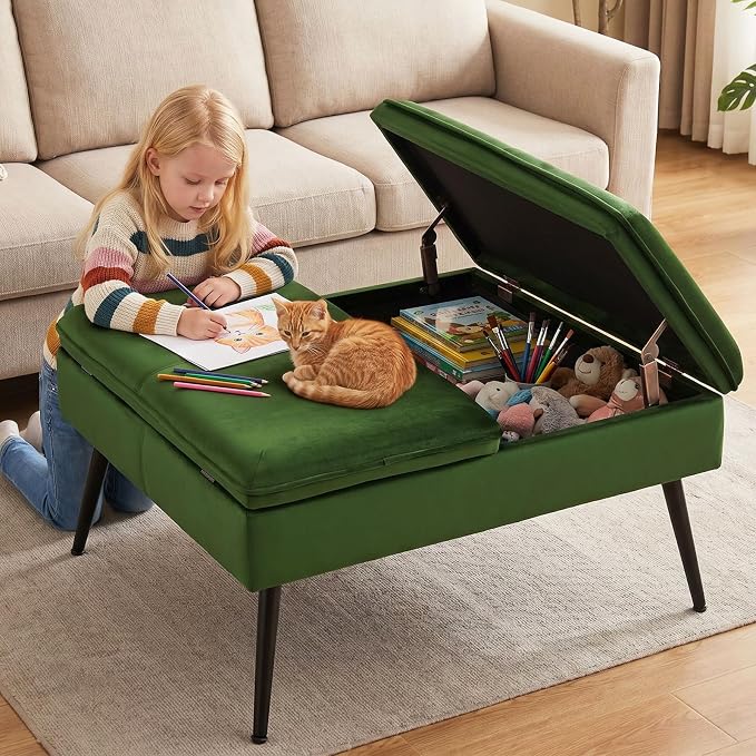 Square Ottoman with Storage Coffee Table Large Upholstered Green | Mid-Century Modern Ottoman w/ Double Flip-Lid Metal Legs Padded Seat for Living Room Bedroom, Velvet, Loads 660 lbs