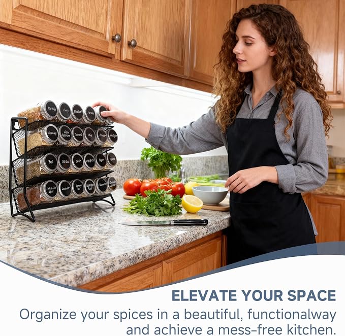 DIDITIME Spice Rack Organizer with 24 Glass Jars and 60 Labels, 4-Tier Seasoning Organizer for Cabinet, Countertop, Pantry or Wall Mount, Rust-Resistant Carbon Steel Spice Jar Set with Marker