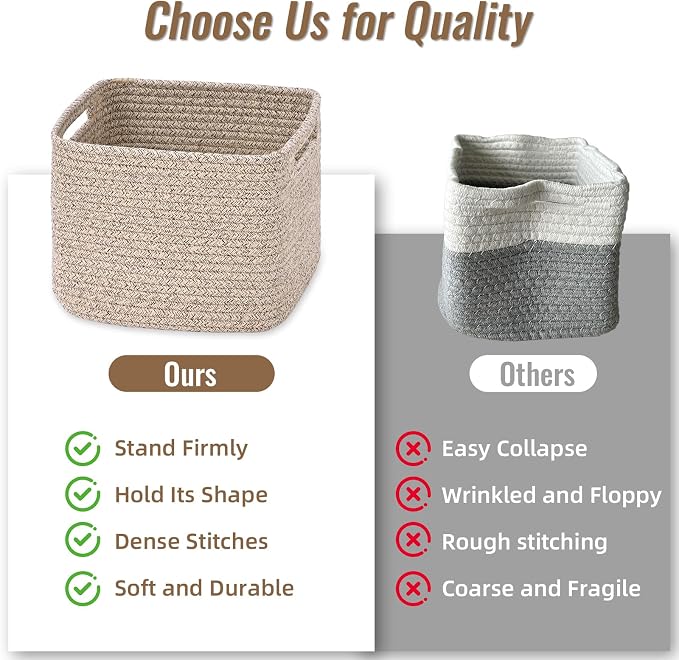 3 Pack Cube Storage Bin, 9”x9”x7” Cotton Rope Woven Baskets for Organizing Toys Clothes Towels, Square Gift Storage Baskets for Shelves, Nursery, Closet, Bathroom, Pantry (Jute)