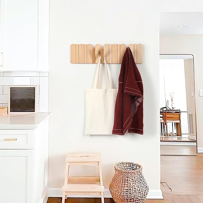 Wall Coat Rack for Entryway: Folding Wood Modern Heavy Duty 8 Hooks | 21.6'' Wall Mounted for Boho Home Decor Bathroom Bedroom Hallway for Hanging Towel Jacket Backpack Bag