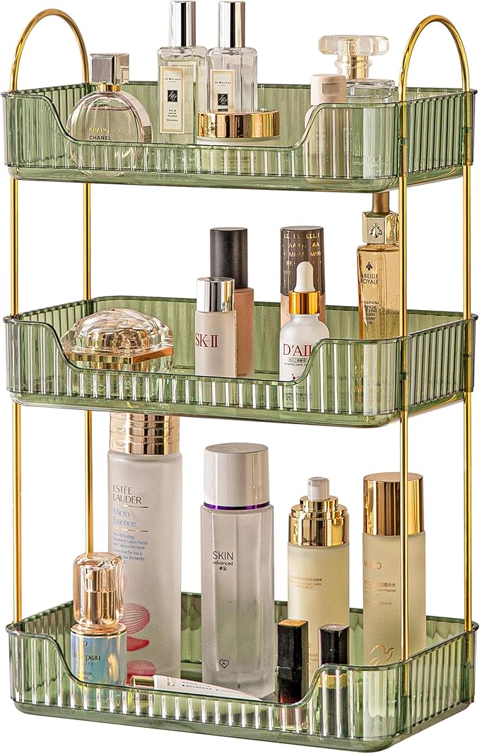 Akinbas 3 Tier Bathroom Organizer Countertop Makeup Perfume Tray Skincare Organizer for Bathroom Dresser Vanity (Green)