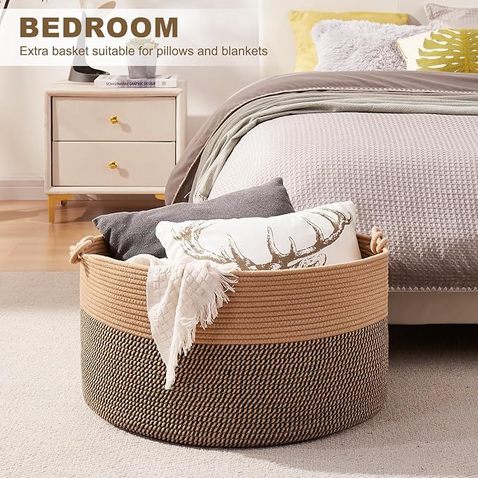 OIASKET Large Blanket Storage Basket for Living Room, 22.8" x 22.8" x 13" Woven Cotton Rope Basket with Handles, Baby Toy Storage, Laundry Hamper for Clothes, Pillows, Towels-Brown and Black