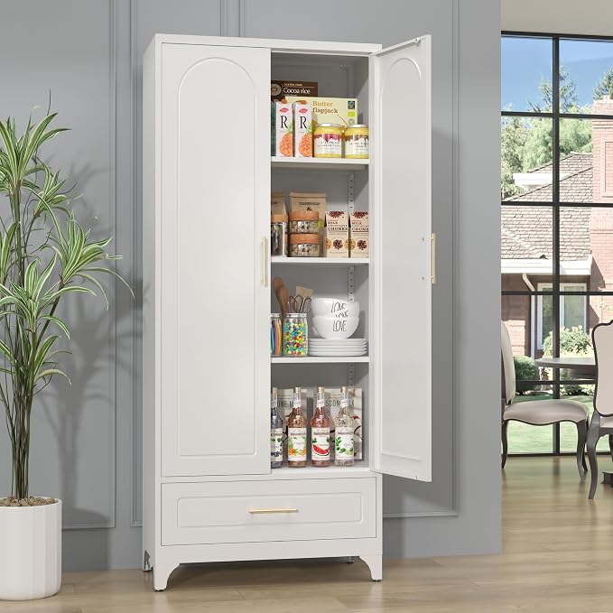 SteeLoong 75”Kitchen Pantry Cabinet, Metal Storage Cabinet with Drawer | White Pantry Cabinets for Kitchen Storage with 3 Adjustable Shelves,Tall Freestanding Cupboard for Living Room,Kitchen,Garage
